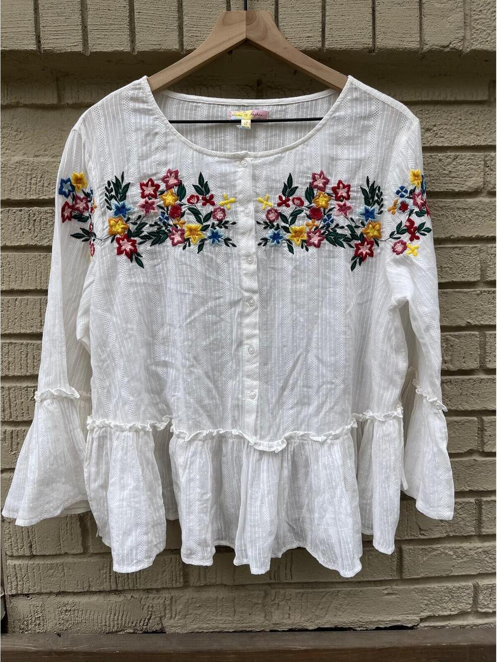 NWT Mimi & Daphne Downeast Embroider Peplum Crinkle Gauze Blouse XL Bell Sleeves
